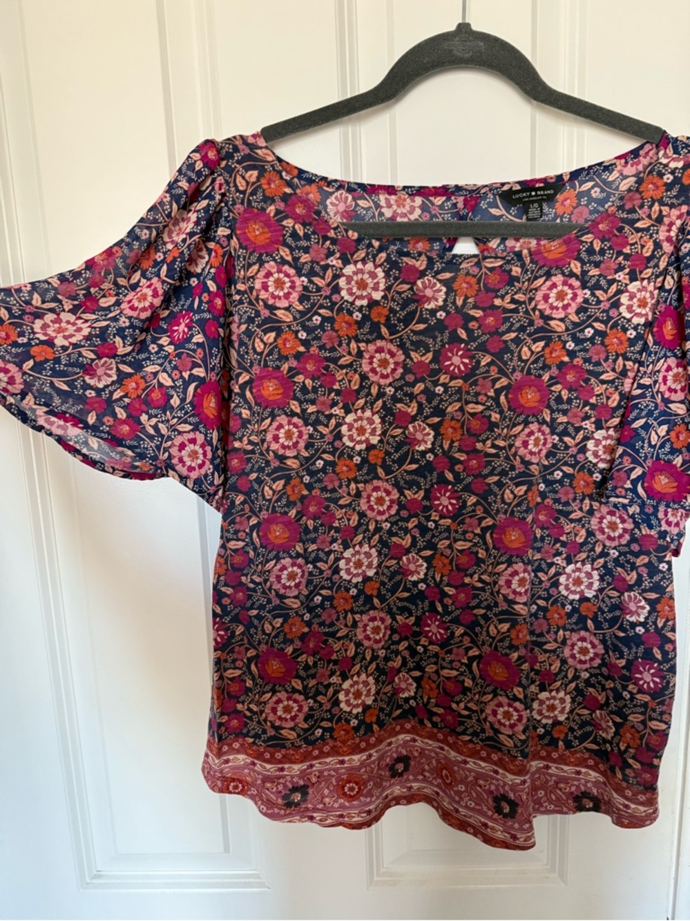 Lucky Brand flutter sleeve cutout open back boho floral print colorful artsy top